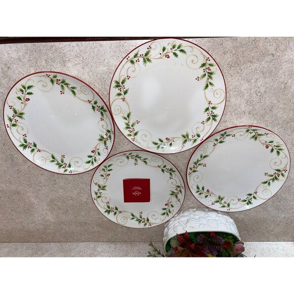 Lenox Holly Scroll Dinner Plates Set Of 4 Red Rim Christmas 897627 - Picture 4 of 12